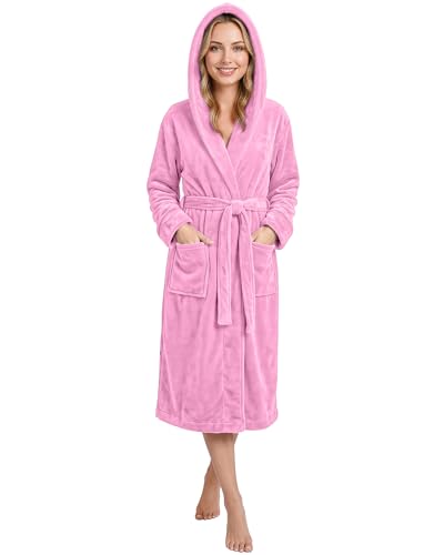 NY Threads Luxury Ladies Hooded Dressing Gown Super Soft Fleece Womens Robe Comfortable Loungewear and Nightwear Pink X-Large
