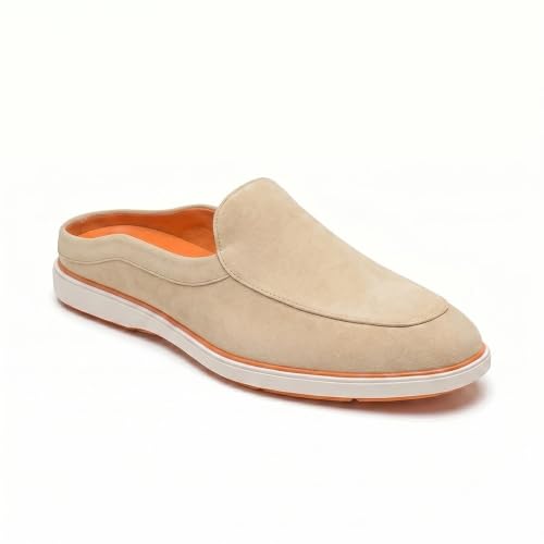 Image of HAYES LONDON Riviera Italian Suede Leather Backless Slip-On Mule Loafers for Men | Casual Summer Walk Half Shoes | Comfortable Open-Back Driving Loafers