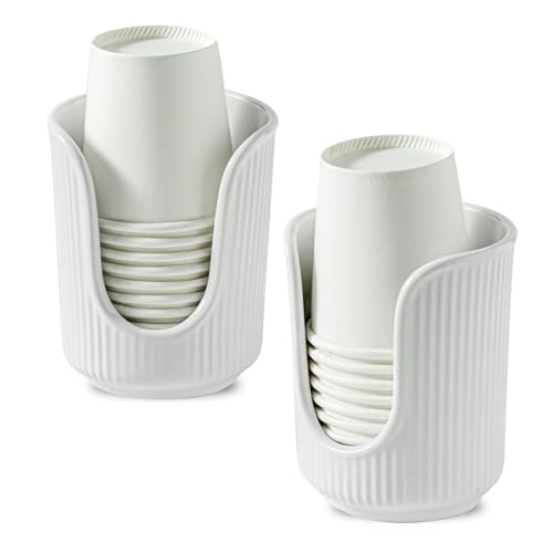 Ceramic Bathroom Cup Dispenser with Stylish Vertical Stripes - Disposable Mouthwash Cup Holder Holds 3-4oz Paper Cups for Rinsing Cups on Bathroom Vanity Countertops (White-White-2 Pack)