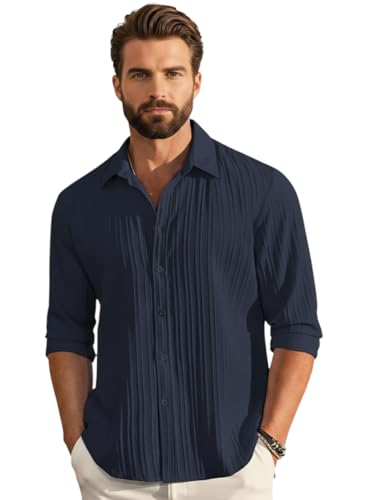 Image of Amazon Brand - INKAST Men's Casual Button Down Shirts Long Sleeve Linen Shirt Fashion Textured Beach Summer Shirt