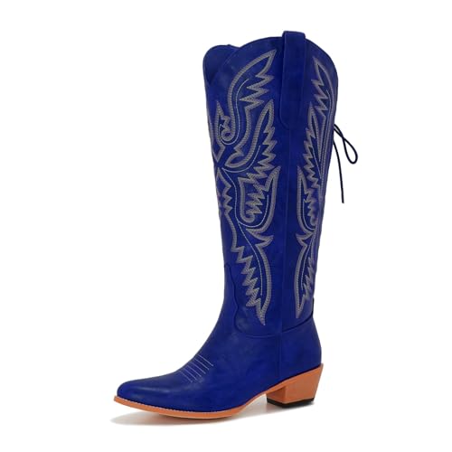 Image of Uillnoodu Wide Calf Cowboy Boots Women Adjustable Lace Up Knee High Tall Plus Size Cowgirl Boots Western Style Comfortable 2-Inch Heel