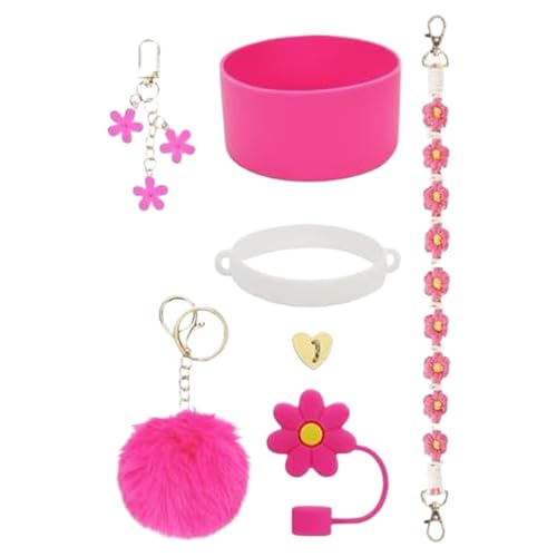 Accesorios para tazas, protectora de silicona con dije de llavero, tapa de popote para el hogar, viajes, dormitorio, escuela, al aire libre