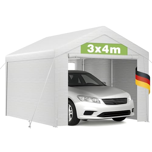 Zeltgarage Pavillon 3x4m mit wetterfester PE Plane, UV-beständig wasserdicht, abnehmbare Seitenwände, Metallrahmen, Bodenrahmen, Dachverstärkung, Carport für Auto, Werkstatt, Weideunterstand, Weiß