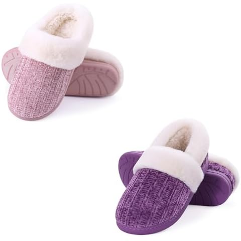 Evshine Women's Set of 2 Pairs - Chenille Knit Memory Foam Slippers (Size 8-9, Pink) - Closed Back Slippers (Size 7-8, Purple) Cover