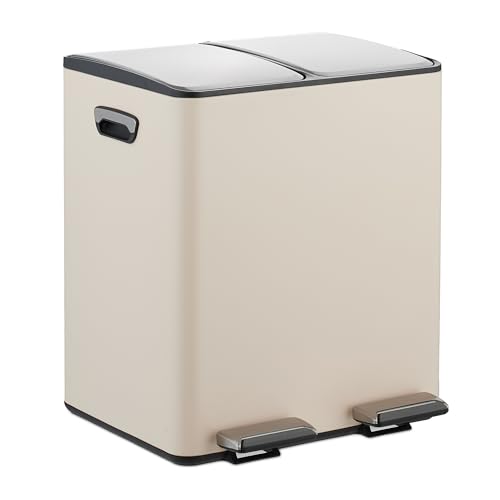 Relaxdays Cubo Basura Doble, 2 Compartimentos 15 litros c/u, Botes Interiores Extraíbles, Pedal, Cocina, Beige/Plateado