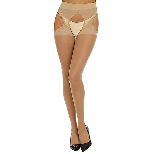 Yilanmy Suspender Tights for Women Sexy Crotchless High Waist Garter Stockings Sheer Suspender Pantyhose (Natural L/XL)