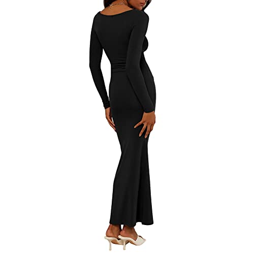 Antopmen Women Scoop Neck Lounge Long Sleeve Casual Maxi Dress Bodycon Ribbed Knitting Mermaid Long Dresses(Medium, Black) #TOP3