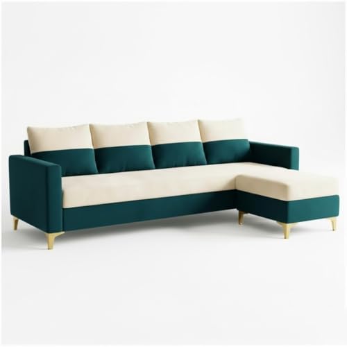Image of FURNY Canvora 5 Seater L Shape Sofa Set with Movable Ottoman | Flexible Left or Right Layout | Plush Velvet Fabric (Cream-Greenish Teal) | Perfect for Living Room, Guest Room & Office