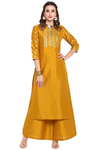 Janasya Indian Women's Mustard Silk Festive Kurta Set for Women