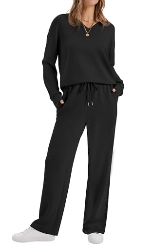 WIHOLL Lounge Sets for Women 2025 V Neck 2 Piece Outfits Airport Wide Leg Pants Matching Set Sweatsuits
