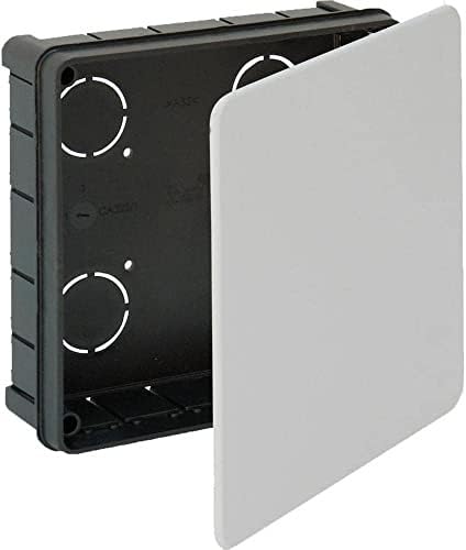 Caja empotrada 200x200mm con tapa y tornillos, ideal para conexiones eléctricas y distribución en instalaciones.