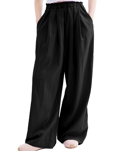 Image of Rolanko Girls Wide Leg Pants Flowy Palazzo Pants for Girls Kids Linen Trousers Loose Fit Casual Beach Travel 6-15Y