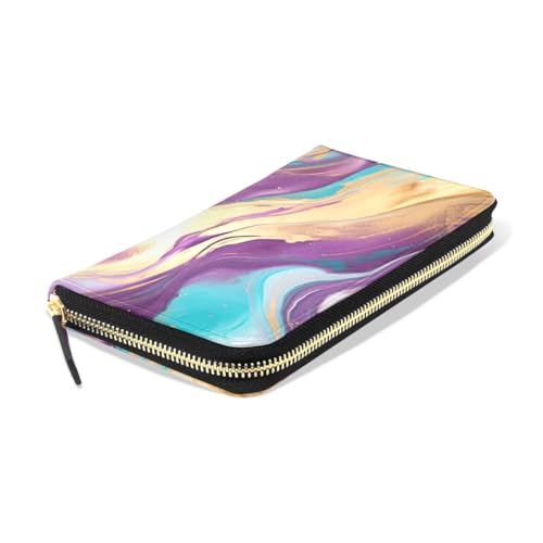 Long Wallets Leather Bifold Wallet for Women Marble Purple Gold with Zipper Credit Card Holder Large Capacity3