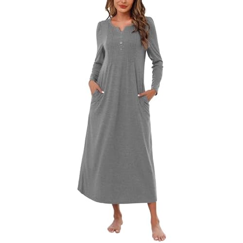 Marvmys Womens Cotton Long Sleeve Nightgowns Soft Ladies Sleep Shirts V Neck Full Length Night Shirts Sleepwear with Pockets Dark Grey 4X-Large