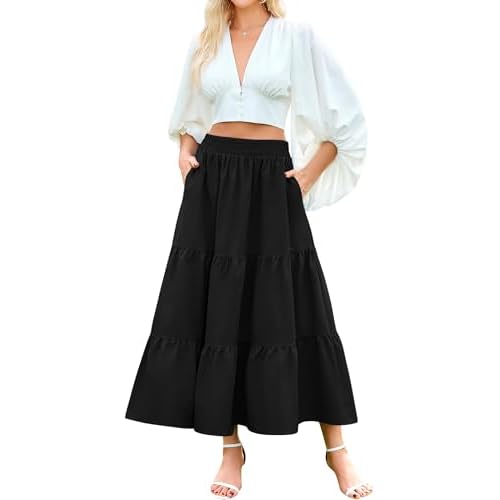 Arolina Maxi Skirt for Women Summer Boho Elastic High Waist Pleated A-Line Flowy Ruffle Swing Tiered Long Beach Skirt Dress XX-Large Black With Pockets