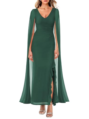 MAYFASEY Vestido formal con cuello en V para mujer, de malla, fruncido, para cóctel, fiesta de noche, graduación, vestido largo con capa, verde oscuro, XXL