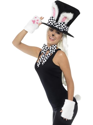 Smiffys Kit lièvre de mars partie de thé, noir et blanc, avec haut-de-forme, oreilles de lapin attachées, gants, nœud papillon et queue Halloween