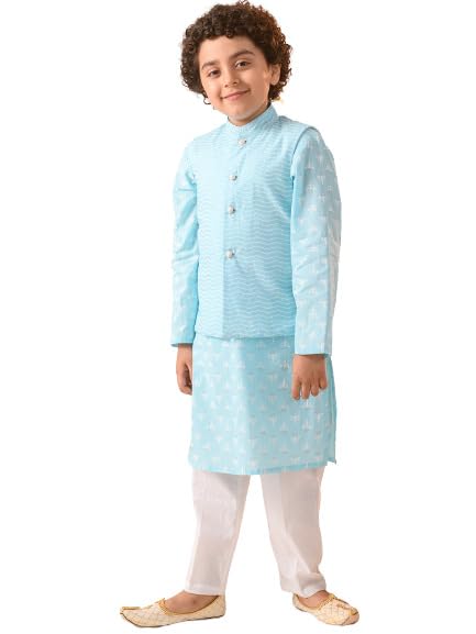 Pspeaches Boys Striped Pure Cotton Kurta With Pyjamas Nahru Jacket