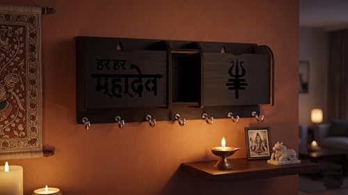 Image of Premium Wooden Har Har Mahadev & Trishul Key Holder for Wall | 7 Hooks Key Hanger with 3 Compartments for Mobile, Mail & Wallet | Lord Shiva Spiritual Wall Organizer for Home Decor & Office