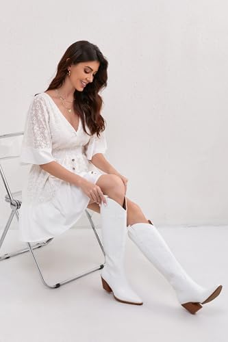 Image of iiimmu Cowgirl Boots Women Knee High Boots Pointed Toe and Block Heel Cowboy Suede and Faux Leather Boots with Embroidered