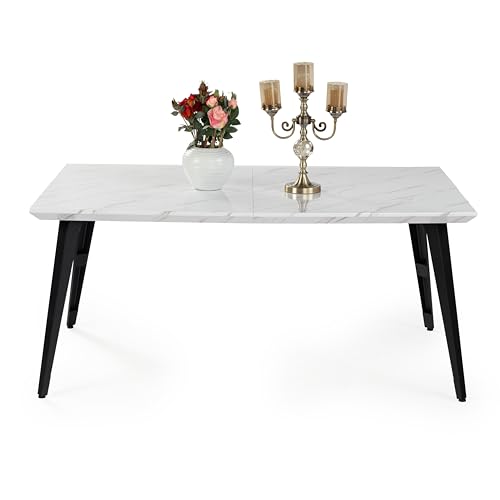 FurnitureR 150CM rechteckiger Esstisch, Küchentisch mit weißer Marmoreffektplatte und schwarzen Beinen, 4-6 Sitz Esstisch für Esszimmer Wohnzimmer Küche Café, weiß