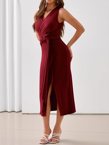 Image of YIOYOLA Womens Sleeveless Ruched V Neck Sheath Casual Party Midi Bodycon Dresses with Slit