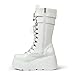 Yremael Women's White Platform Boots Wedge Combat Gothic Chunky Heel Lace Up Mid Calf Punk Motorcycle Shoes