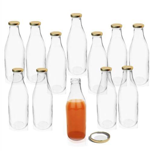 Image of Pure Source India Reusable Leak-Proof 1Litre Glass Bottle with Gold Metal Lid for Beverage & Milk Storage Container (Set of 12)