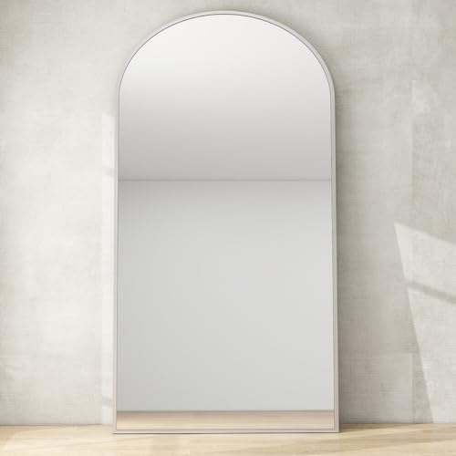 Image of Arch Top Full-Length Mirror | Floor Standing or Wall Mounted | Minimalist Design in Gold, Black & Silver | Oversized Mirror for Bedroom & Entryway (Silver, 170x70 cm)
