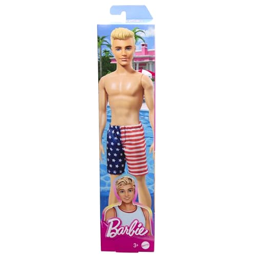 Barbie Muñeca Ken con traje de baño con bandera estadounidense, juguetes de piscina y playa