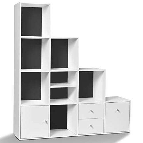 {Librerias Blancas con Puertas y Cajones Librerias Blancas IDMarket Liam - Mueble de almacenamiento de escalera de 4 niveles de madera blanca + puerta/cajones blancos fondo gris