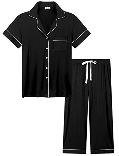 Image of Joyaria Bamboo Viscose Cooling Pajamas for Women Capri Button Front Pjs Set | Ideal for Night Sweats, Hot Sleeper Friendly, Breathable & Moisture Wicking, Short Sleeve Top