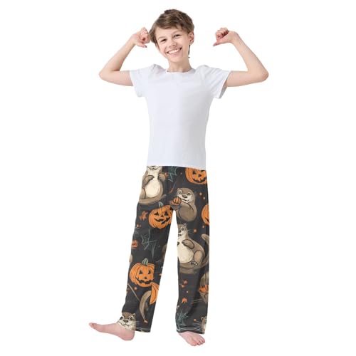 Halloween Otter Pumpkin Boys Long Pants Soft Trousers Elastic Waist Kids Lounge Bottoms with Pockets S-XL3