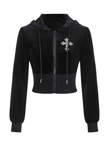 Floerns Women's Gothic Zip Up Velvet Jackets Drawstring Long Sleeve Crop Hoodies