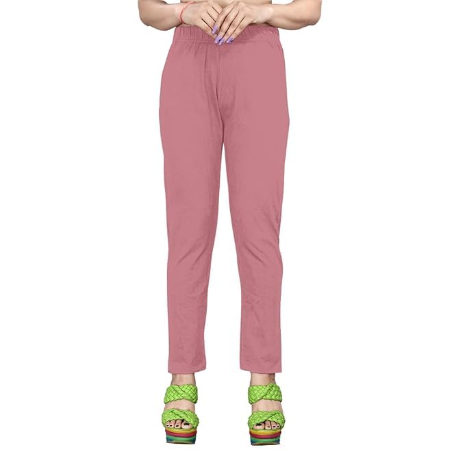 Image of Women's Solid Cotton Lycra Pants-High Waist Slim Fit Stretchable Leggings - Comfortable Long Trousers for Casual, Office & Everyday Wear