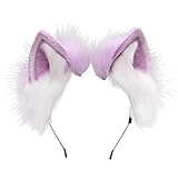 BNLIDES Handmade Fur Fox Wolf Cat Ears Headwear Women Men Cosplay Costume Party Cute Head Accessories for Halloween (Purple White)