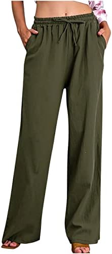 Green Cargo Pants for Women Summer Pants 2023 Cotton Linen Elastic Waist Drawstring Wide Leg Ankle Length Lounge Pant with Pockets