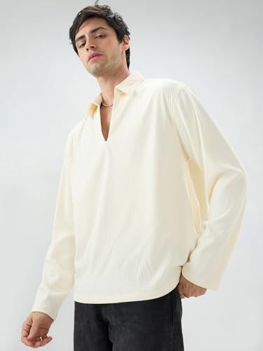 Image of VASTRADO Pastel Cream Precision Rib Striped Oversized Polo Knitted Shirt