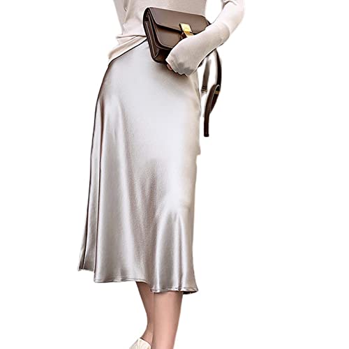 Jupe longue femme satin soie taille haute coupe midi A-word grise M