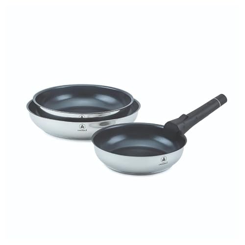 LAGUIOLE, Set of 3 Removable Frying Pans Stainless Steel Non-Stick Ceramic Coating Induction Safe Easy to Store and Clean 20/24/28cm Silver