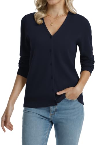 Image of QUALFORT Women's 100% Cotton Lightweight Cardigans Long Sleeve Knitted Button Down Sweater