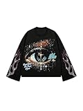 Verdusa Men's Rhinestone Graphic Tees Y2K Long Sleeve Tee Shirts Eye Print Crop Tops Hip Hop Streetwear Black X-Large