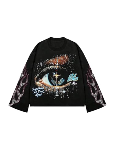 Verdusa Men's Graphic Tees Rhinestone T Shirts Eye Print Long Sleeve Tops Hip Hop Streetwear Black Medium
