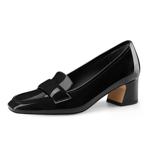 Image of Women's Square Toe Chunky Low Heel Penny Loafers Shoes Black Patent Leather Comfortable Slip On Work Business Dressy Classic Pumps