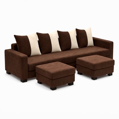Image of SOCOZI Braviza 6 Seater L Shape Sofa Set with 2 Movable Ottomans | Flexible Layout | Soft Velvet Suede Fabric | Modern Design | Plush Comfort Cushions for Living Room (Dark Brown-Cream)