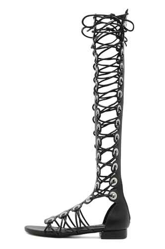 STUPMARY Women Peep Toe Lace Up Sandals Cut-outs Cross-tied Flat Heel Gladiator Sandals Zipper Over The Knee Bootie Summer4