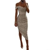 Damen Ärmelloses Schulterfreies Pailletten Abendkleid V Ausschnitt Ballkleid Partykleidung Elegantes Design mit leichtem Stretch Stoff für bequeme Passform (L Silber)