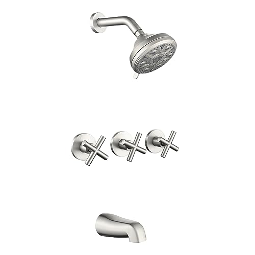 Image of 3 Handles Shower Faucet Set with Tub Spout Bathtub Shower Faucets Combo Set Shower System Complete Tub and Shower Trim Kit Brushed Nickel Shower Fixtures