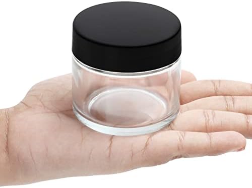 BELLE VOUS Round Clear Glass Jars with Black Screw Top Plastic Lids (12 Pack) - 60ml / 2oz Empty Cosmetic Containers - Pots for Travel, Creams, Lotions, Ointments, Makeup and Essential Oils