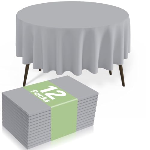 Image of misaya 12 Packs Disposable Plastic Table Cloth, 84 inch Round Waterproof Tablecloth, Leakproof & Sturdy Decorative Table Covers for Picnic, Party, Outdoor and Back to School, Grey